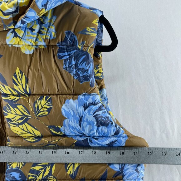 Offline by Aerie Floral Puffer Vest Womens L Full Zip Hooded Quilted Brown Blue - Picture 13 of 13